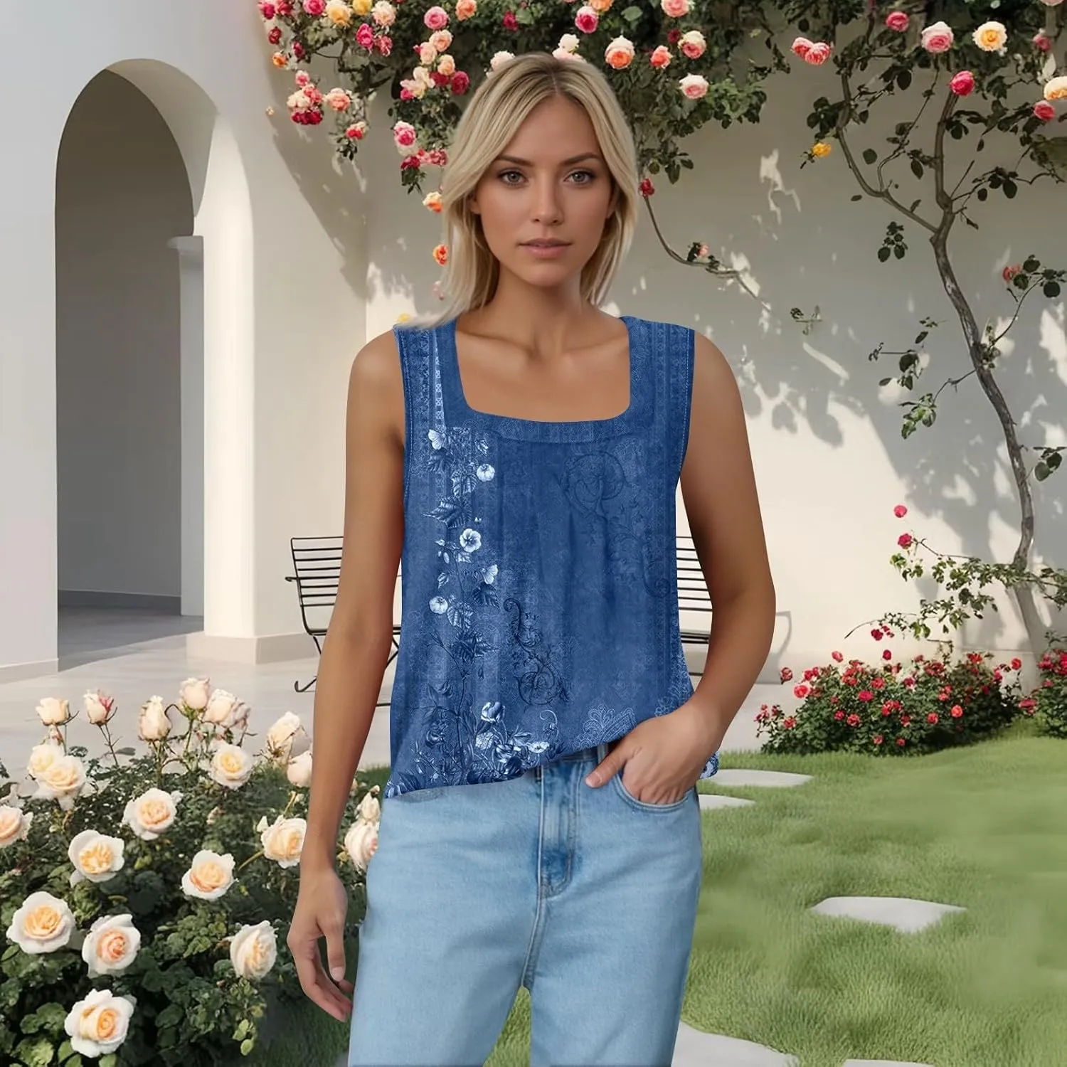 Womens Tank Tops Loose Fit Summer Casual Floral Print Pleated Square Neck Sleeveless Top Curved Hem Flowy Tanks