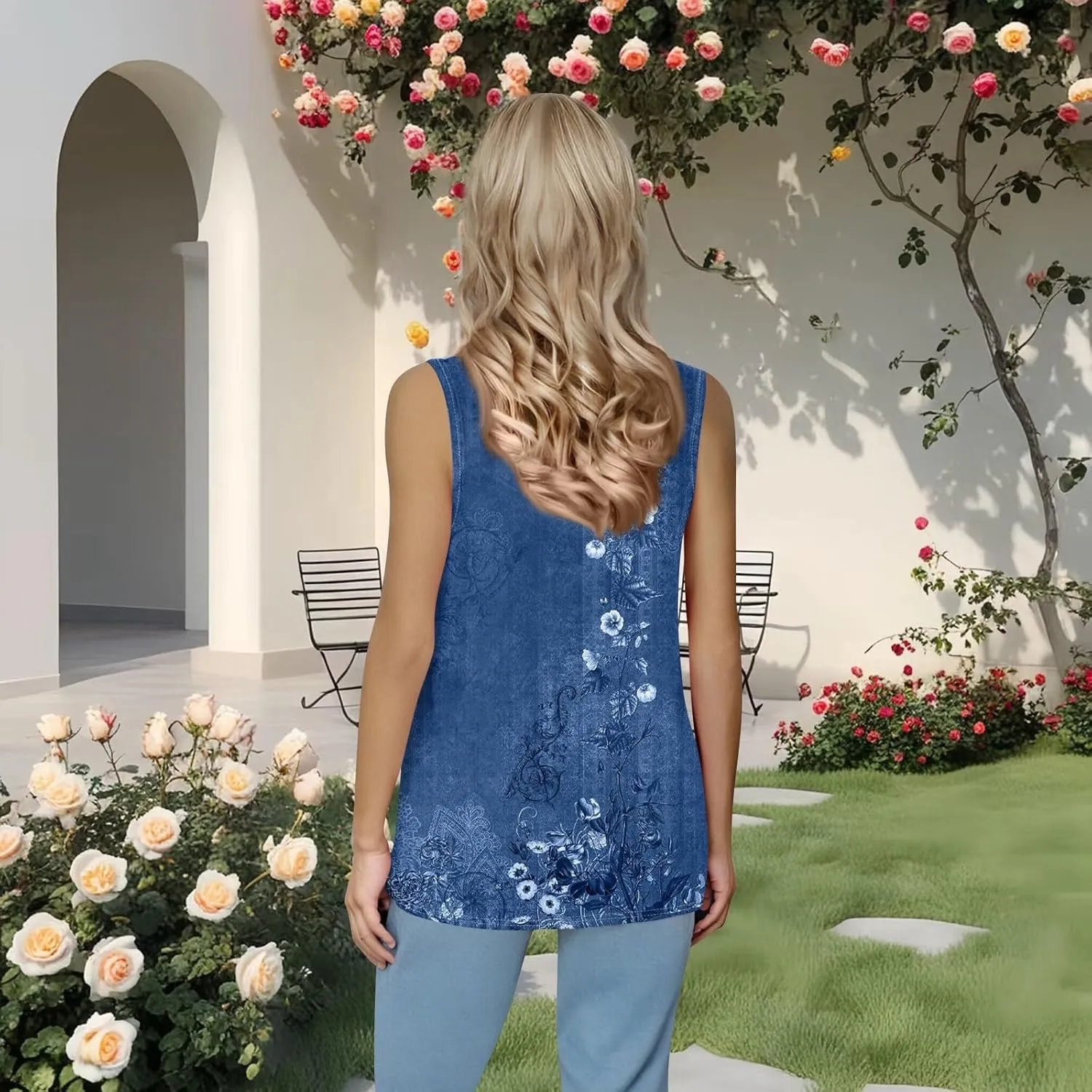 Womens Tank Tops Loose Fit Summer Casual Floral Print Pleated Square Neck Sleeveless Top Curved Hem Flowy Tanks