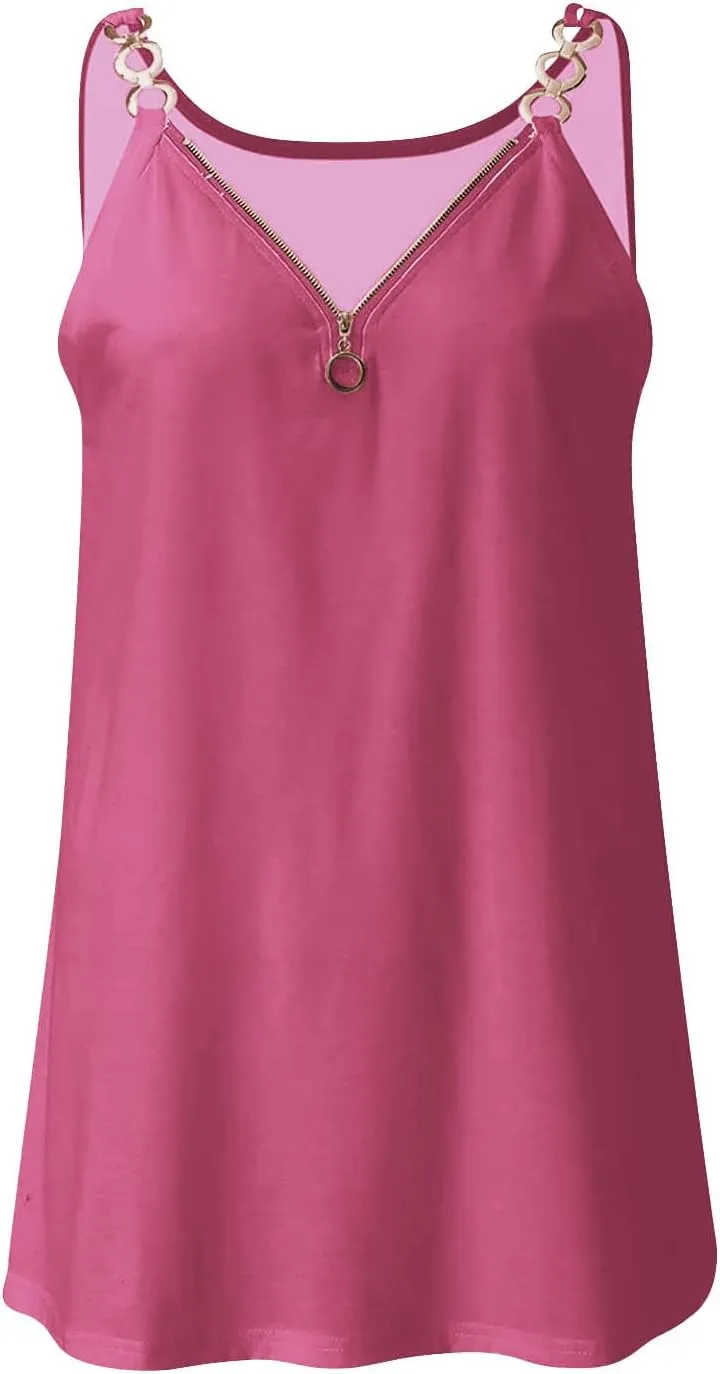 Women's Tank Tops Summer Fashion Half Zipper V Neck Sleeveless Blouses Casual Solid Loose Elegant Swing Beach Shirts