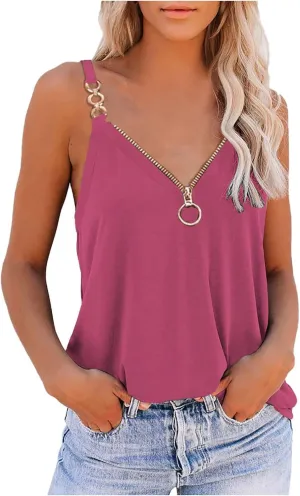 Women's Tank Tops Summer Fashion Half Zipper V Neck Sleeveless Blouses Casual Solid Loose Elegant Swing Beach Shirts