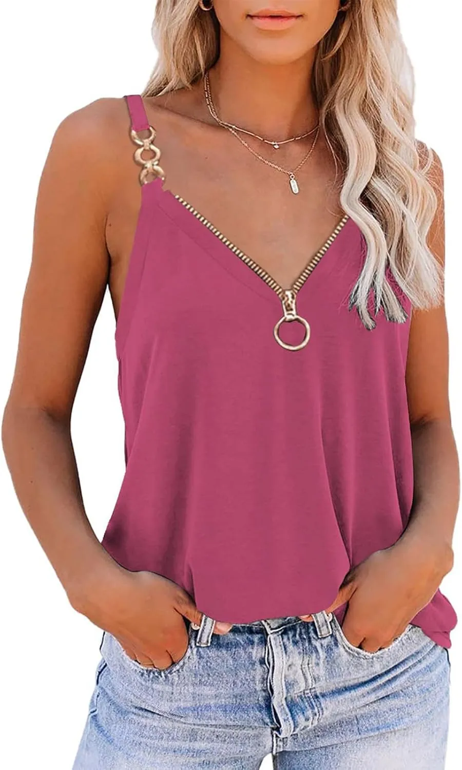 Women's Tank Tops Summer Fashion Half Zipper V Neck Sleeveless Blouses Casual Solid Loose Elegant Swing Beach Shirts