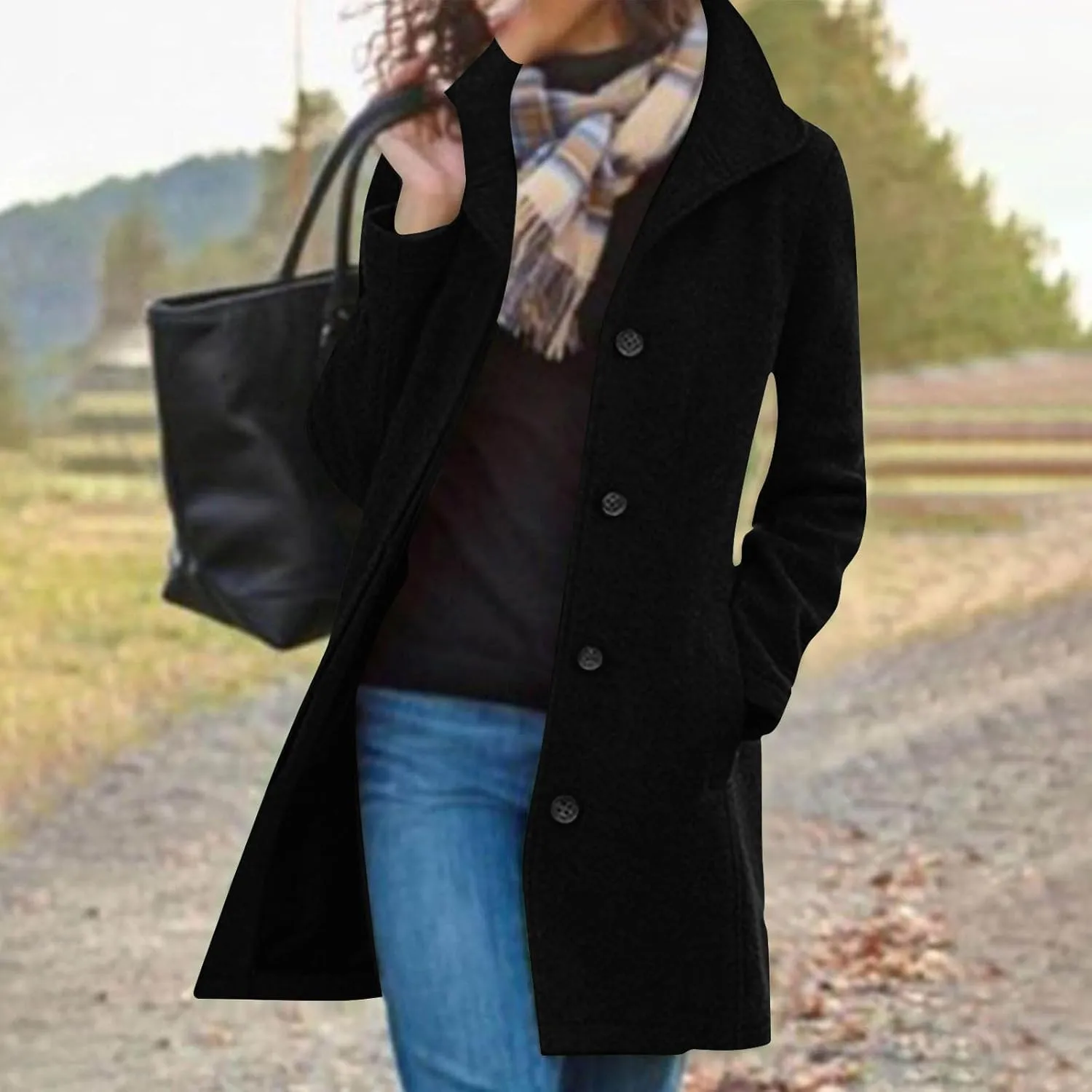 Women's Thicken Single Breasted Pea Coat Stand Collar Mid Long Wool Coats with Pockets Casual Trench Coat Overcoat