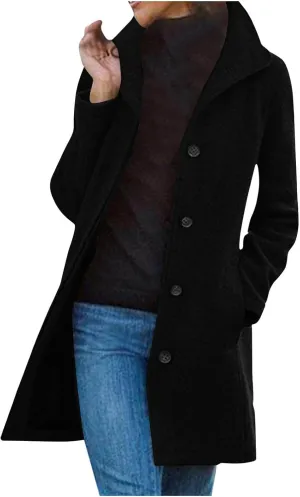 Women's Thicken Single Breasted Pea Coat Stand Collar Mid Long Wool Coats with Pockets Casual Trench Coat Overcoat