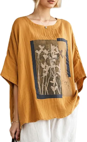 Womens Tops Oversized T Shirts, Summer Casual Batwing Sleeve Linen Tops, Vintage Floral Print Crew Neck Outfits