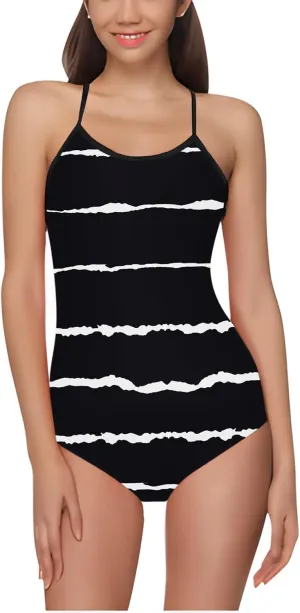 Women's Tummy Control One Piece Swimsuits Plus Size Slimming Striped Swimwear Sexy Flattering Bathing Suits