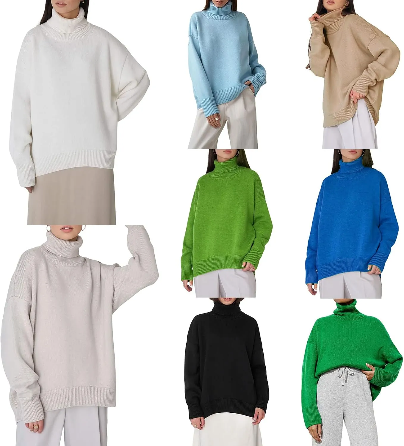 Women's Turtleneck Sweater Long Sleeve Ribbed Cable Knit Pullover Tops Comfy Oversized Solid Color Jumper Tops Knitwear