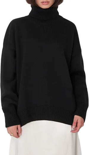 Women's Turtleneck Sweater Long Sleeve Ribbed Cable Knit Pullover Tops Comfy Oversized Solid Color Jumper Tops Knitwear