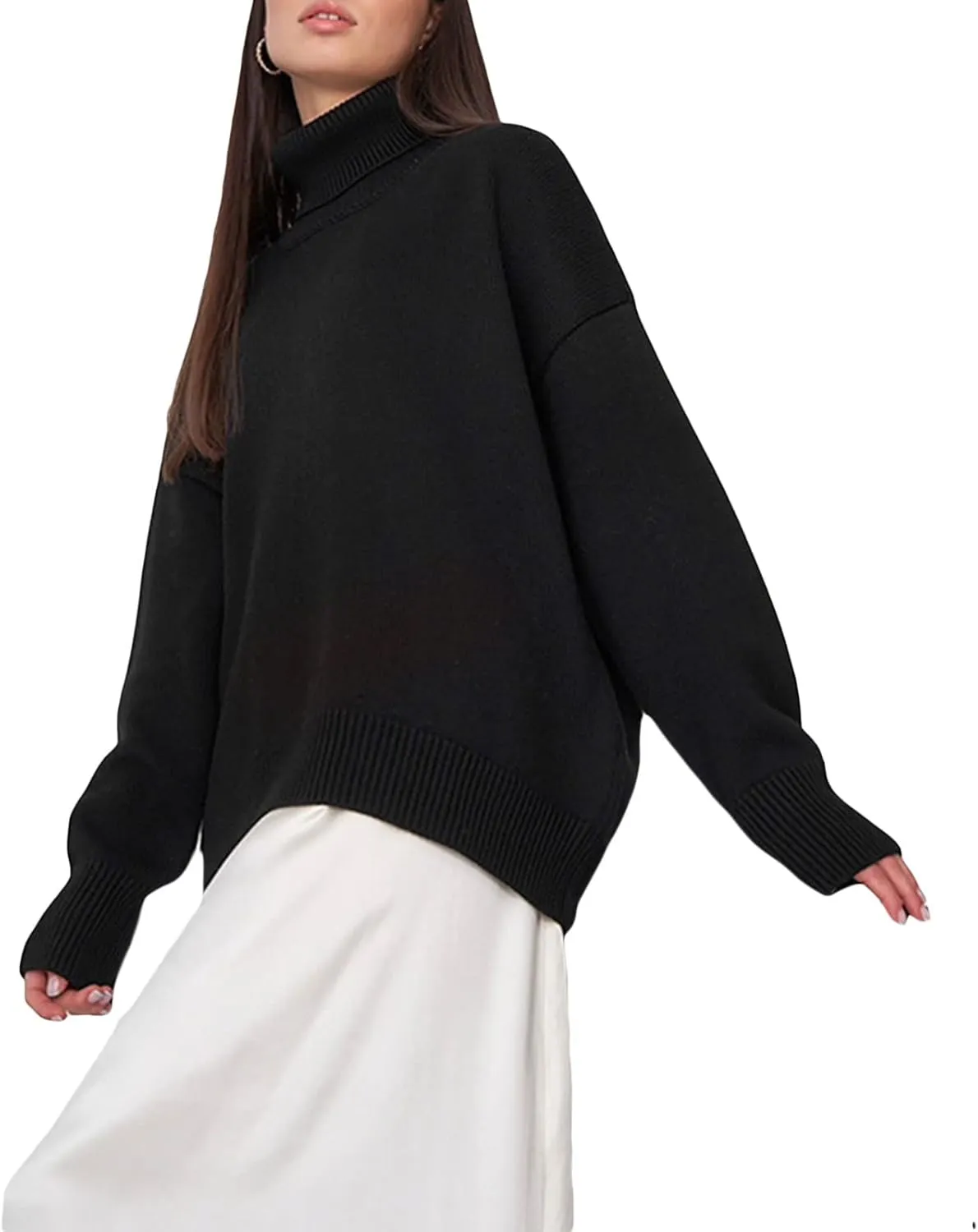 Women's Turtleneck Sweater Long Sleeve Ribbed Cable Knit Pullover Tops Comfy Oversized Solid Color Jumper Tops Knitwear