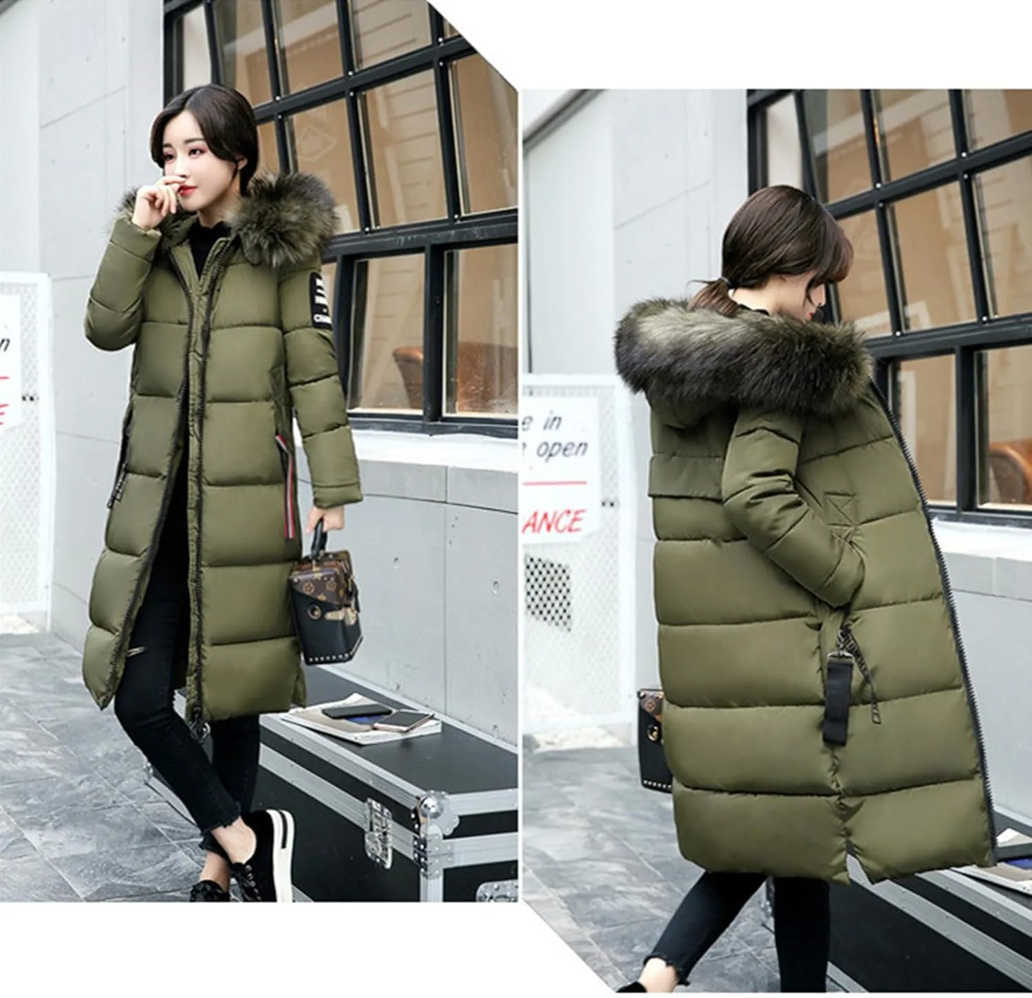 Womens Warm Down Jacket Winter Long Puffer Coats with Fur Hood,Outdoor Maxi Length Windproof Thick Quilted Outerwear