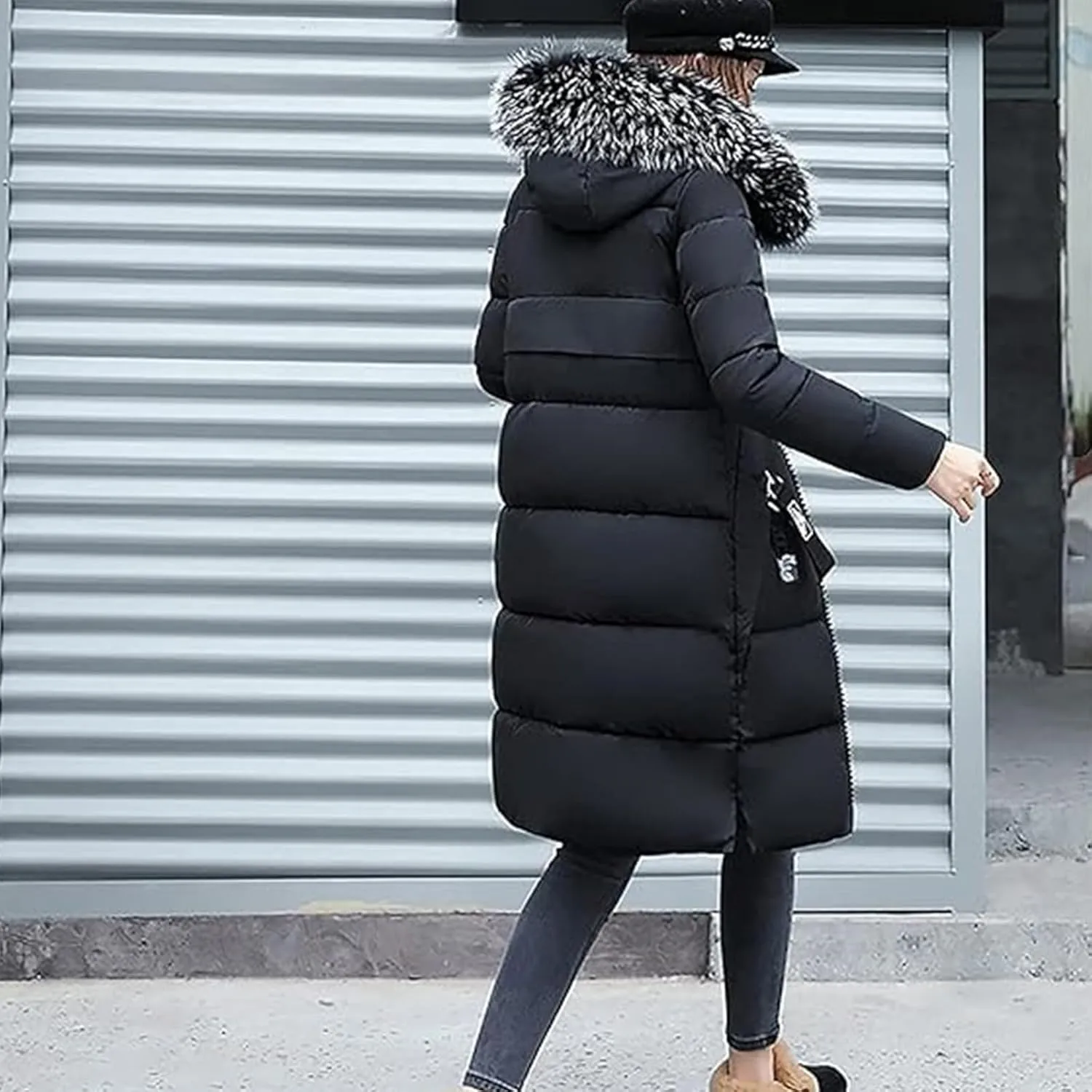Womens Warm Down Jacket Winter Long Puffer Coats with Fur Hood,Outdoor Maxi Length Windproof Thick Quilted Outerwear