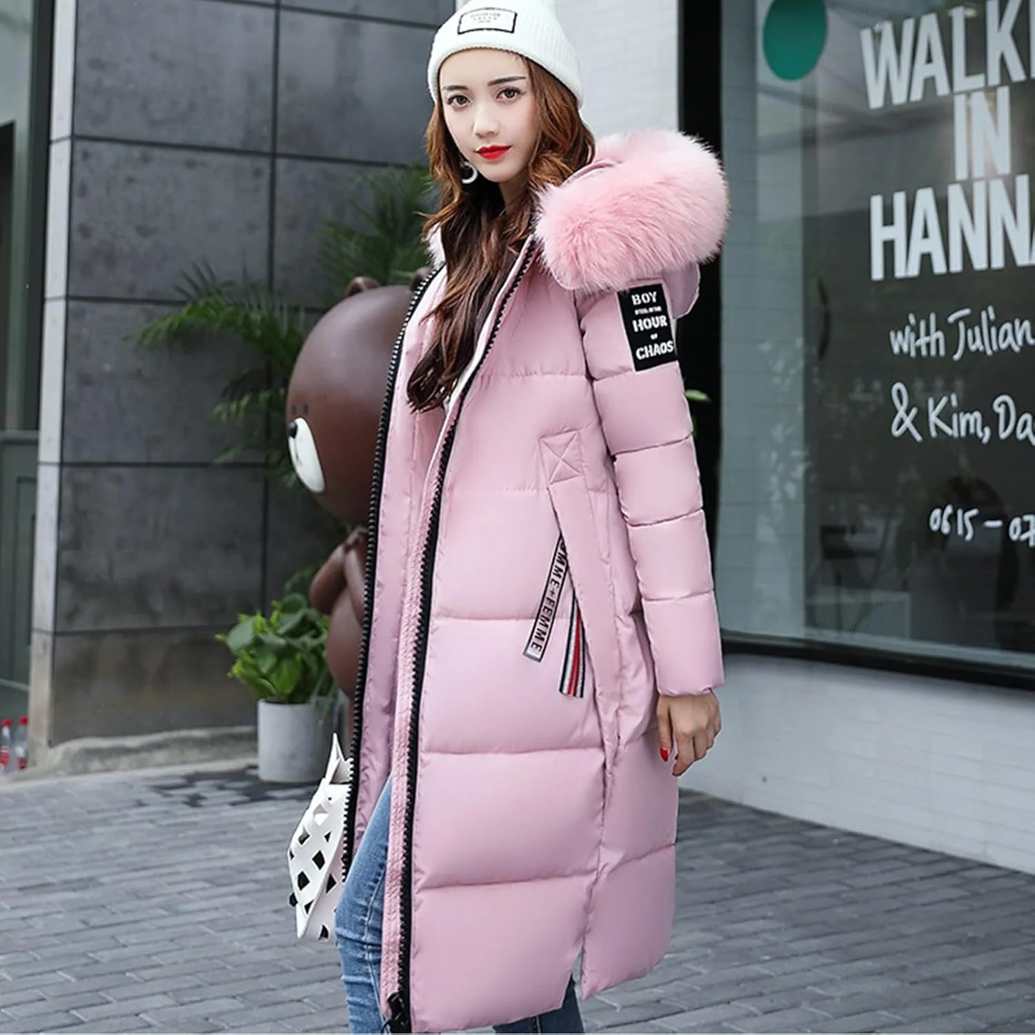 Womens Warm Down Jacket Winter Long Puffer Coats with Fur Hood,Outdoor Maxi Length Windproof Thick Quilted Outerwear