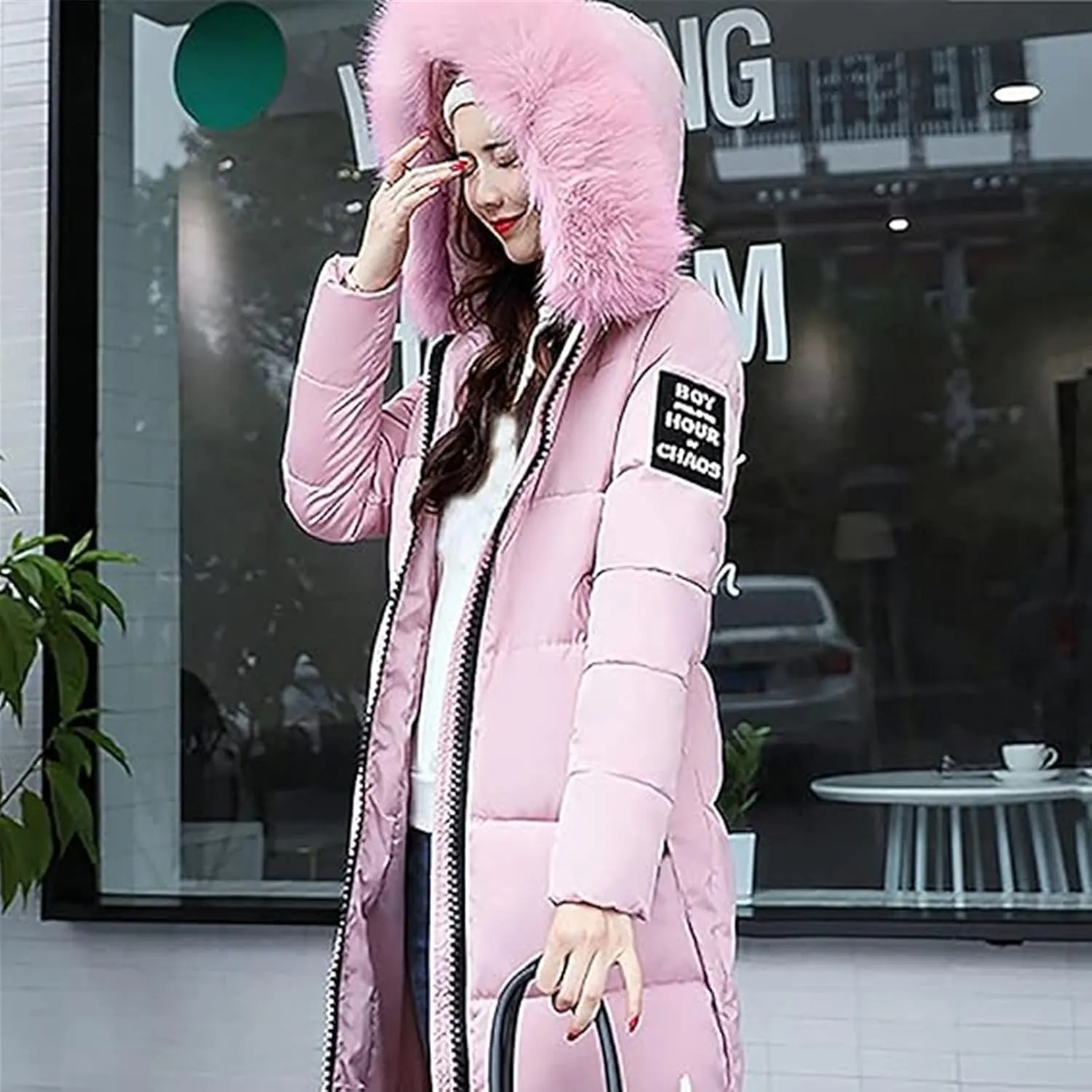 Womens Warm Down Jacket Winter Long Puffer Coats with Fur Hood,Outdoor Maxi Length Windproof Thick Quilted Outerwear