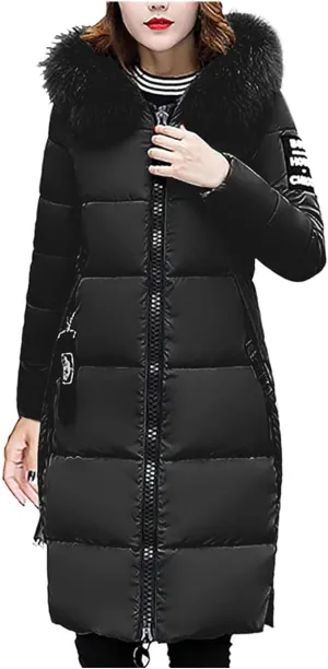 Womens Warm Down Jacket Winter Long Puffer Coats with Fur Hood,Outdoor Maxi Length Windproof Thick Quilted Outerwear