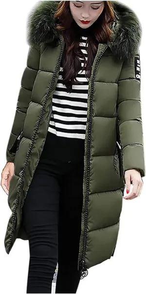 Womens Warm Down Jacket Winter Long Puffer Coats with Fur Hood,Outdoor Maxi Length Windproof Thick Quilted Outerwear