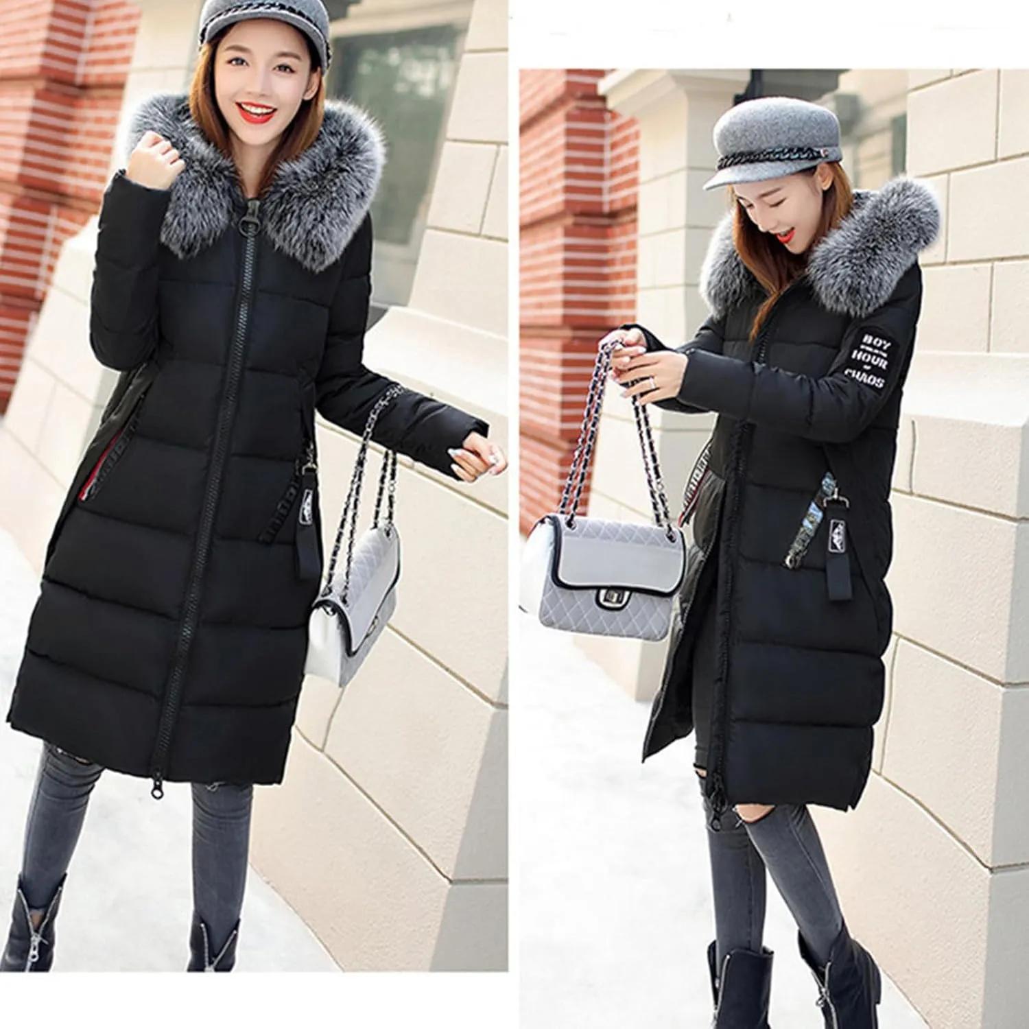 Womens Warm Down Jacket Winter Long Puffer Coats with Fur Hood,Outdoor Maxi Length Windproof Thick Quilted Outerwear
