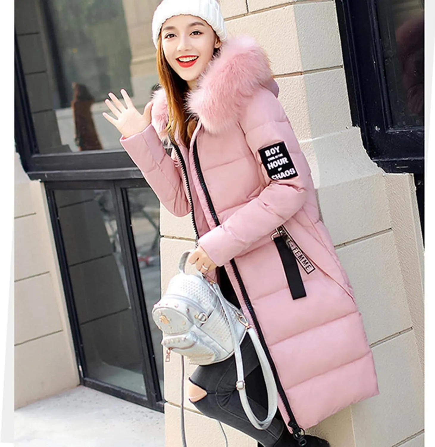 Womens Warm Down Jacket Winter Long Puffer Coats with Fur Hood,Outdoor Maxi Length Windproof Thick Quilted Outerwear