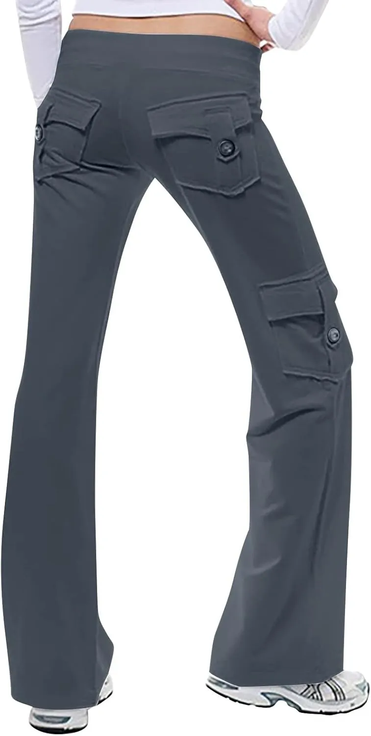 Womens Wide Leg Cargo Pants High Waisted Pants Plus Size Flare Leggings Baggy Pants Flare Yoga Pants with Pockets
