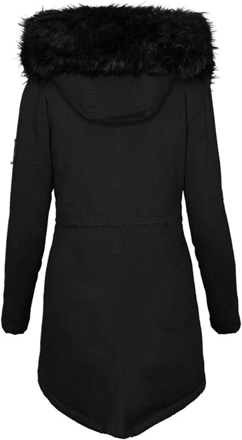Womens Winter Coats Fleece Thicken Overcoats Warm Trench Coat Furry Windbreaker Warm Cotton Jacket Hood Outerwear