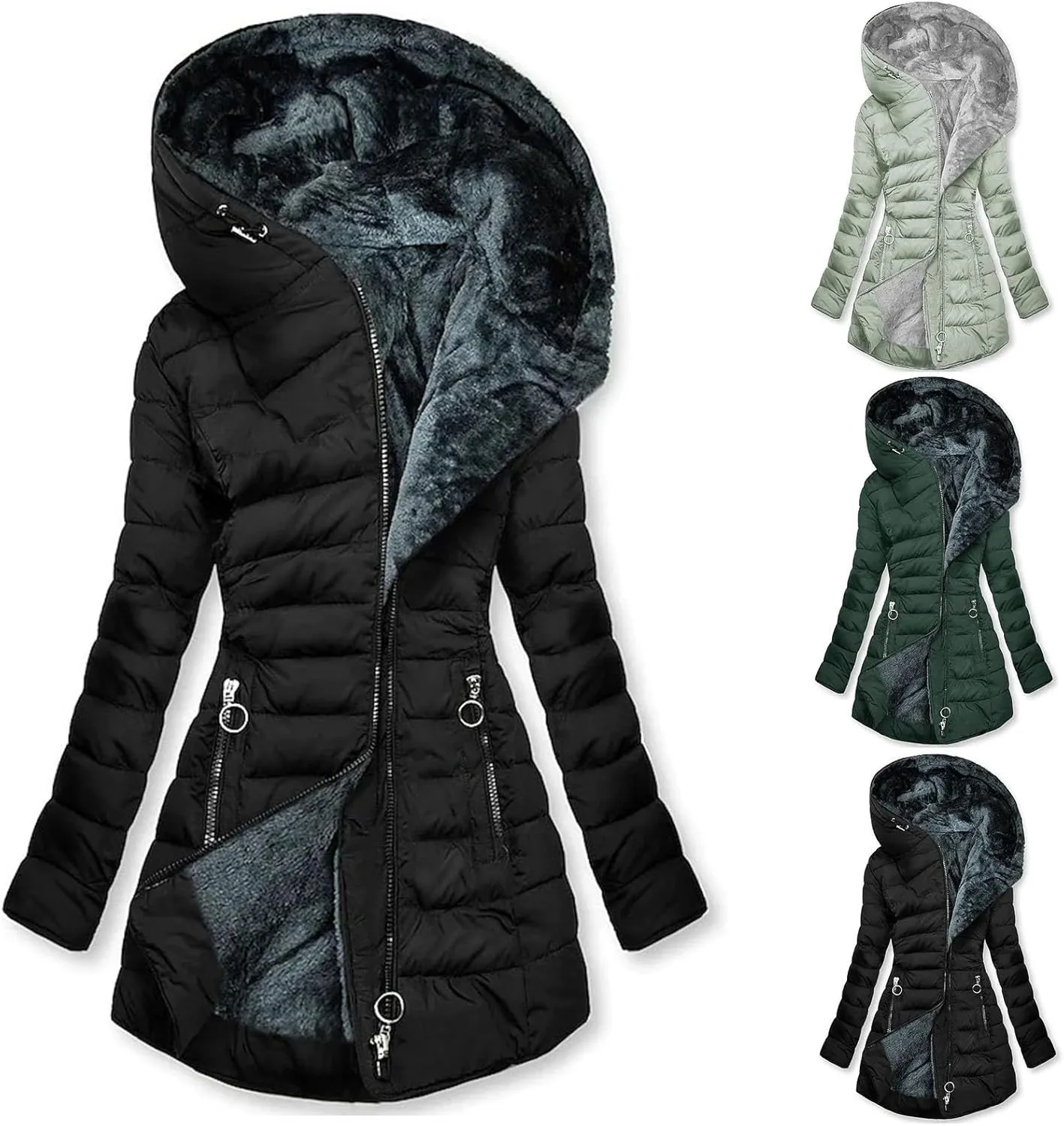 Womens Winter Coats Fuzzy Sherpa Lined Plus Size Down Coats Thicken Fleece Warm Jackets Puffer Coats Parkas with Hood