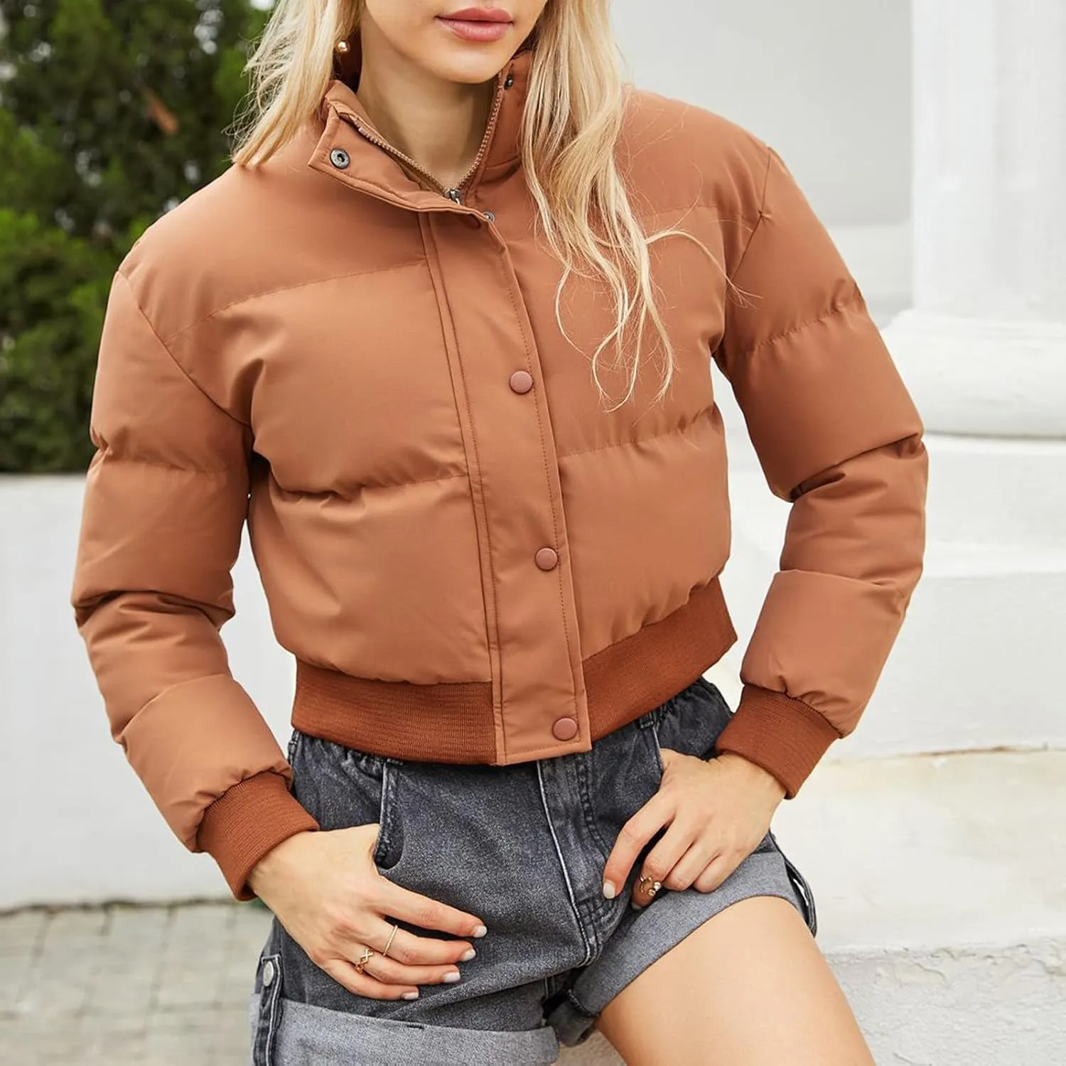 Women's Winter Cropped Puffer Jacket Long Sleeve Oversized Stand Collar Zip-Up Short Down Coat Fashion Solid Outwear
