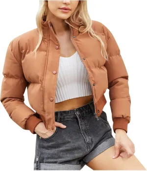 Women's Winter Cropped Puffer Jacket Long Sleeve Oversized Stand Collar Zip-Up Short Down Coat Fashion Solid Outwear