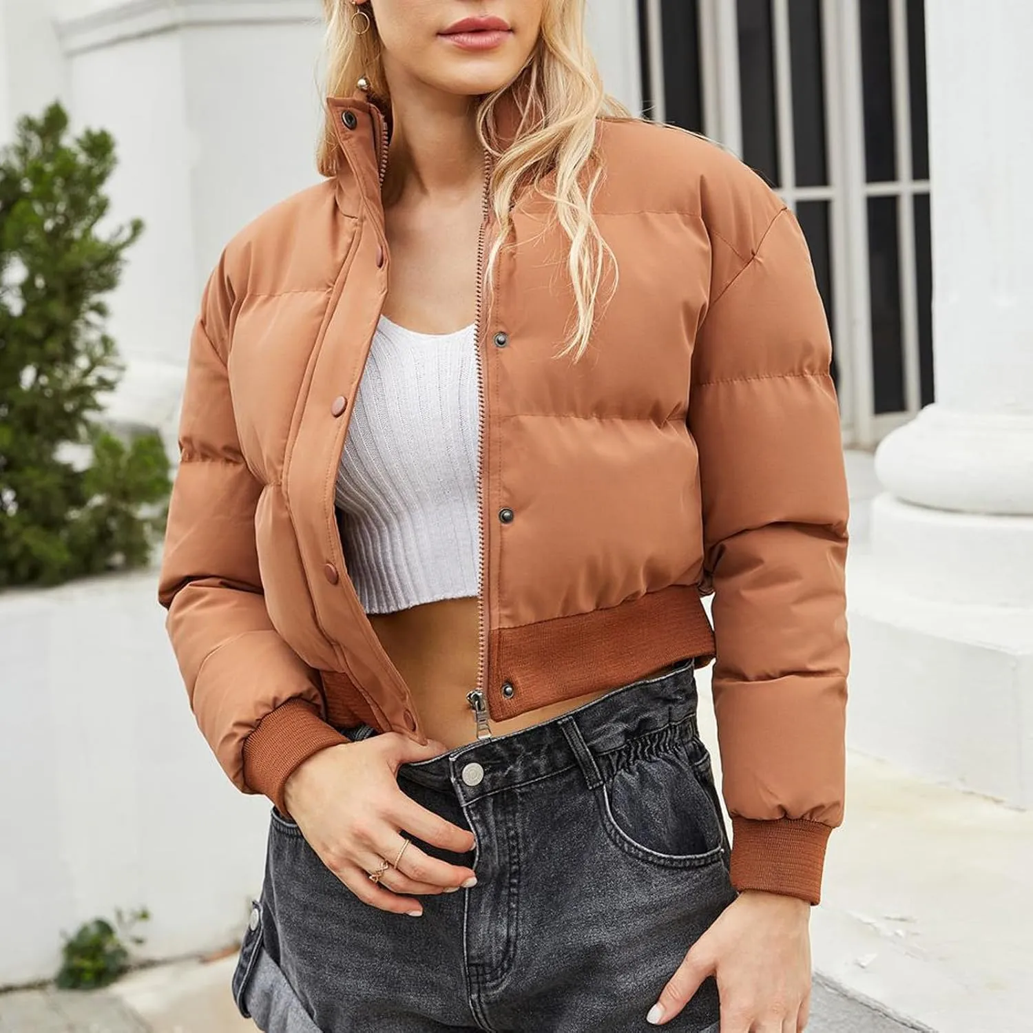 Women's Winter Cropped Puffer Jacket Long Sleeve Oversized Stand Collar Zip-Up Short Down Coat Fashion Solid Outwear