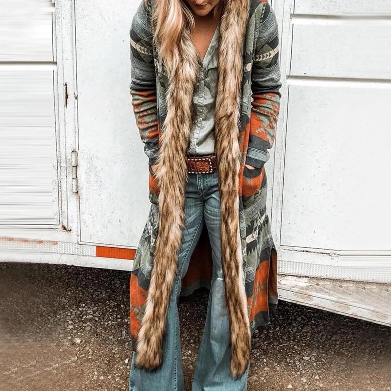 Womens Winter Long Faux Fur Jacket Open Front Coat Vintage Western Print Fuzzy Hooded Cardigan Jackets Warm Outerwear