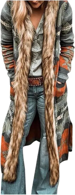 Womens Winter Long Faux Fur Jacket Open Front Coat Vintage Western Print Fuzzy Hooded Cardigan Jackets Warm Outerwear