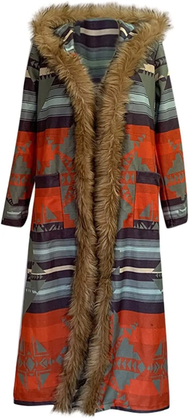 Womens Winter Long Faux Fur Jacket Open Front Coat Vintage Western Print Fuzzy Hooded Cardigan Jackets Warm Outerwear