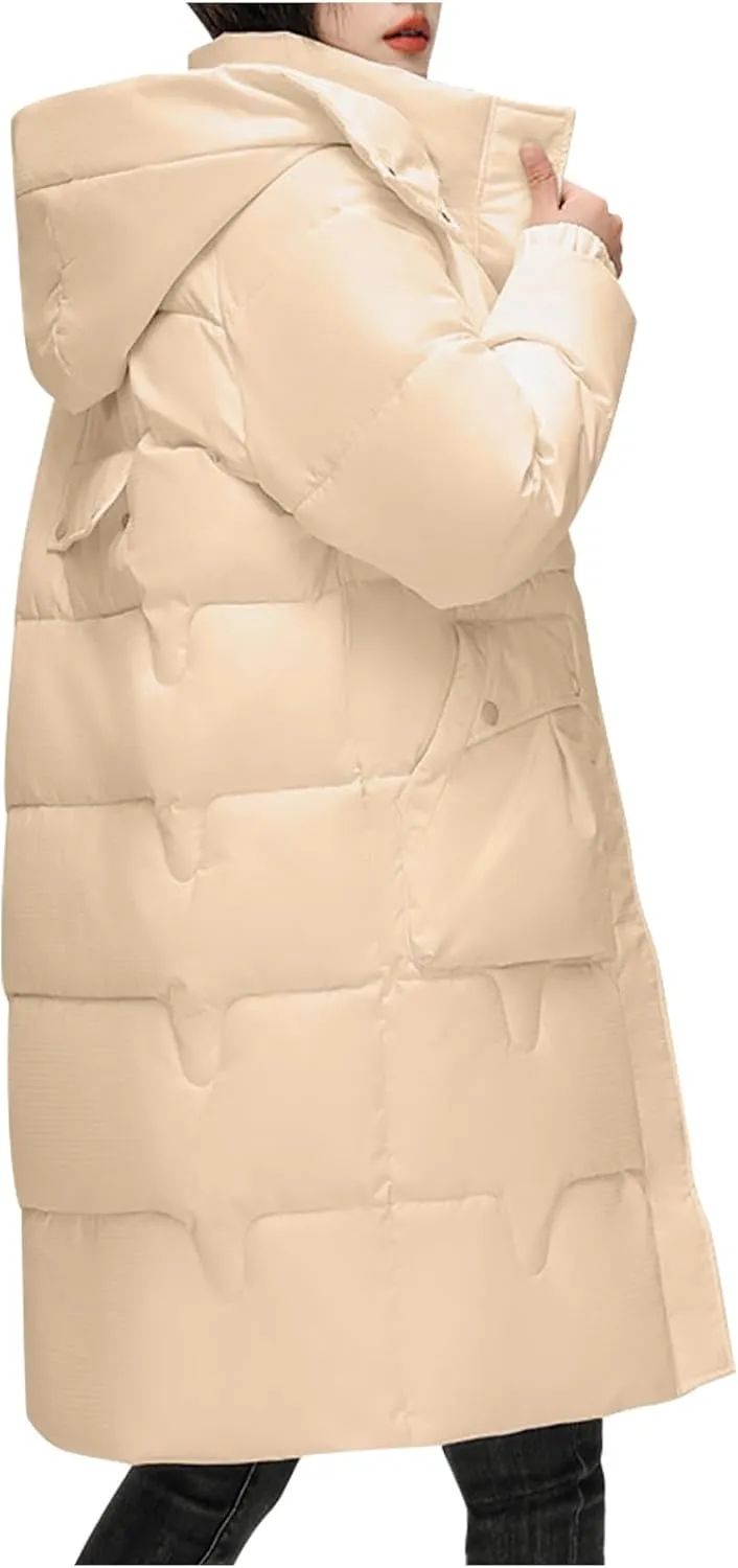 Women's Winter Puffer Coats Mid Length Warm Detachable Hooded Down Jackets Quilted Snow Coats Overcoat Hiking Clothes