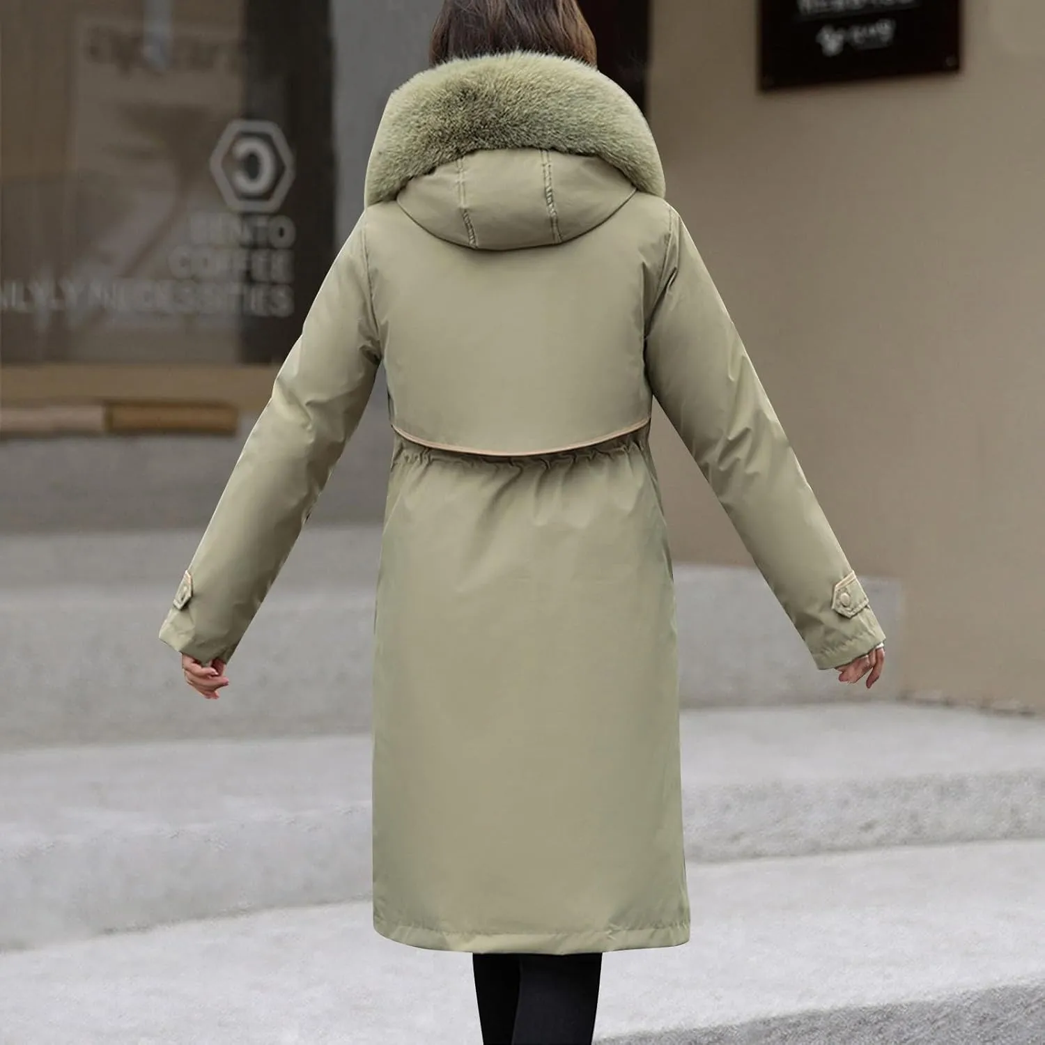 Womens Winter Puffer Jacket Thicken Long Down Coat Drawstring Warm Pile Collar Jacket Parkas With Faux Fur Trim Hood