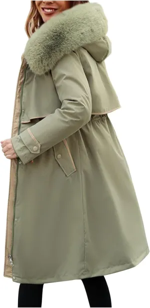 Womens Winter Puffer Jacket Thicken Long Down Coat Drawstring Warm Pile Collar Jacket Parkas With Faux Fur Trim Hood