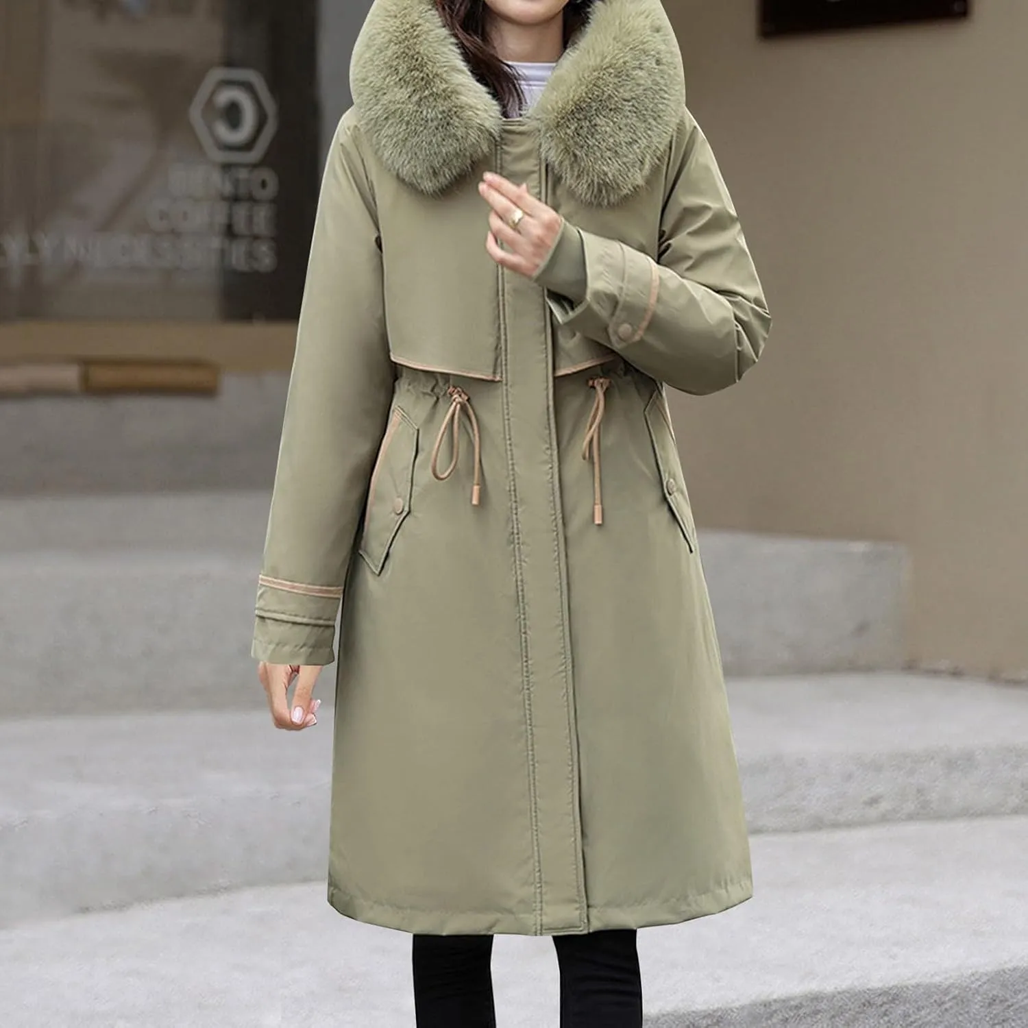 Womens Winter Puffer Jacket Thicken Long Down Coat Drawstring Warm Pile Collar Jacket Parkas With Faux Fur Trim Hood