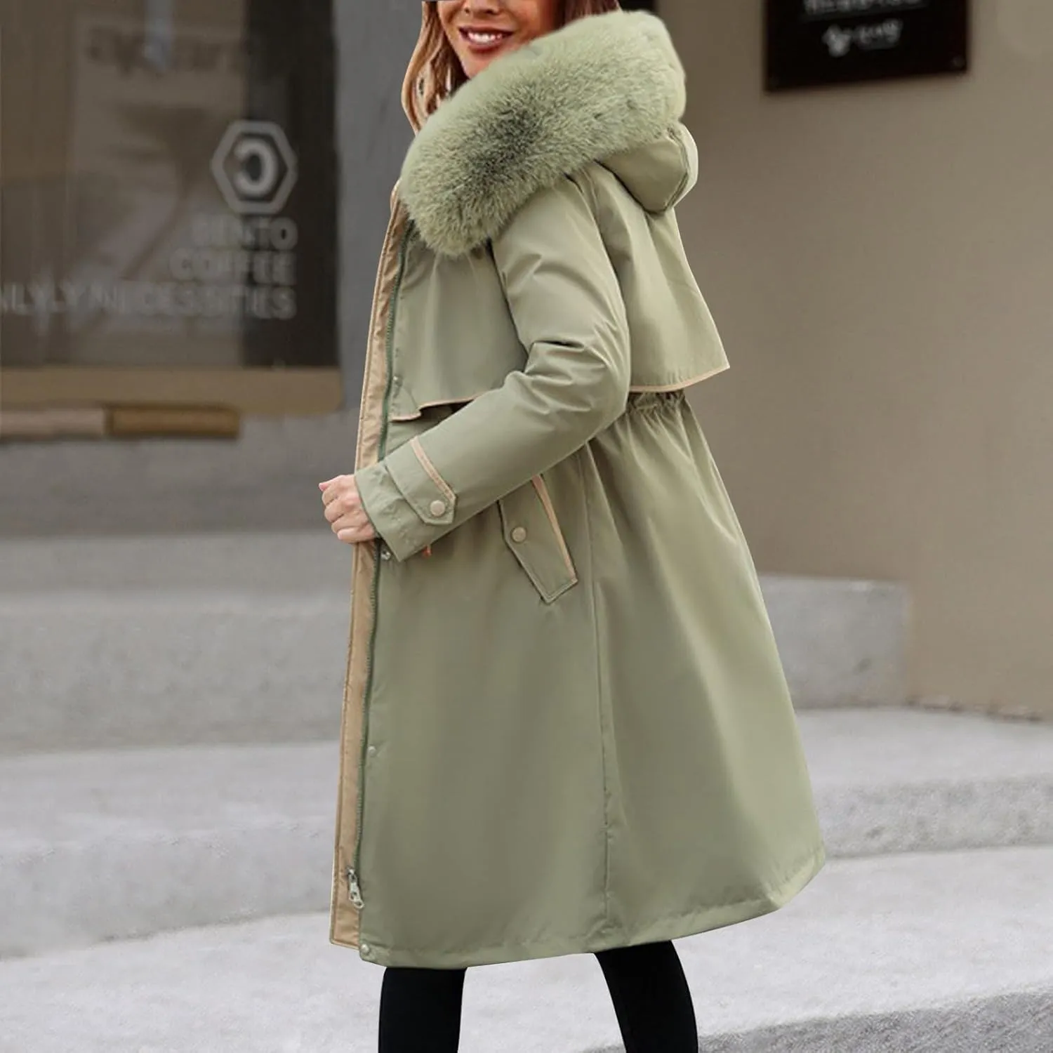 Womens Winter Puffer Jacket Thicken Long Down Coat Drawstring Warm Pile Collar Jacket Parkas With Faux Fur Trim Hood