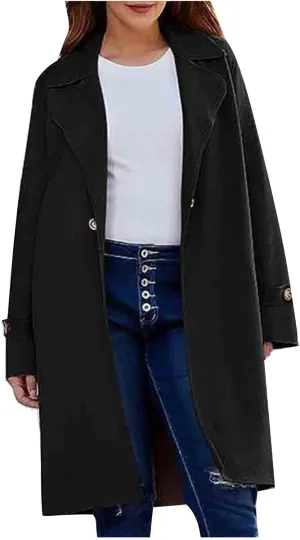 Women's Wool Blend Pea Coat Lapel Button Up Outerwear Trendy Jacket Business Overcoat Long Trench Coats with Pocket