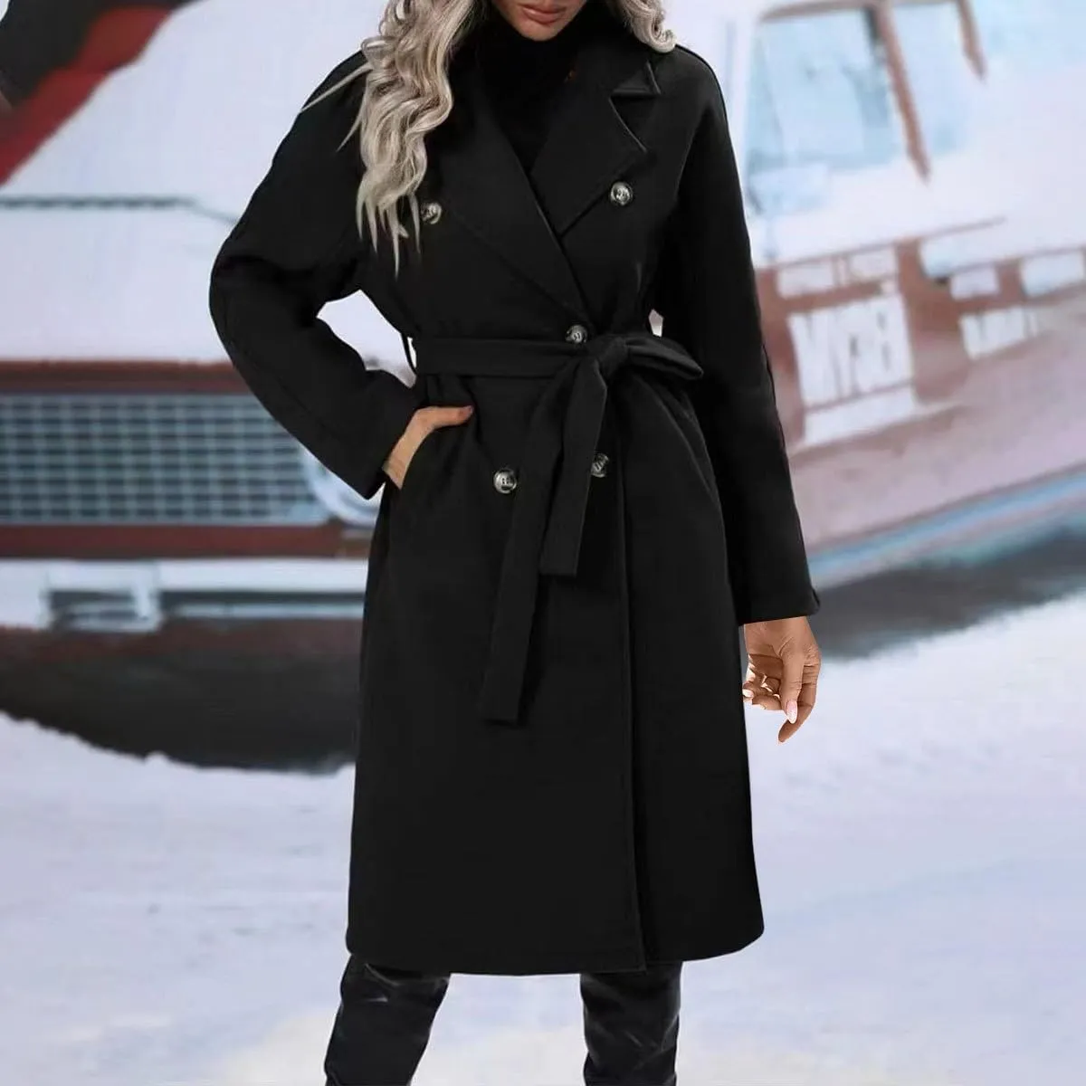 Women's Wool Blend Pea Coat Lapel Double Breasted Coat Trendy Warm Jacket Business Overcoat Trench Coats with Belt