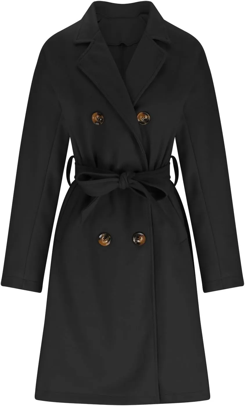 Women's Wool Blend Pea Coat Lapel Double Breasted Coat Trendy Warm Jacket Business Overcoat Trench Coats with Belt