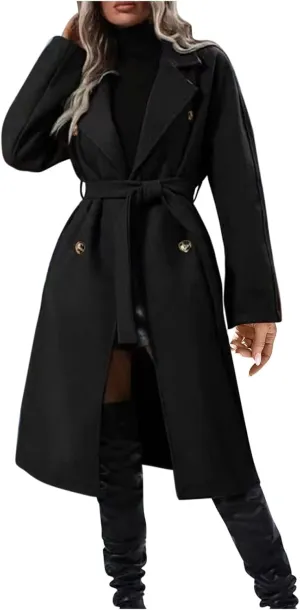 Women's Wool Blend Pea Coat Lapel Double Breasted Coat Trendy Warm Jacket Business Overcoat Trench Coats with Belt