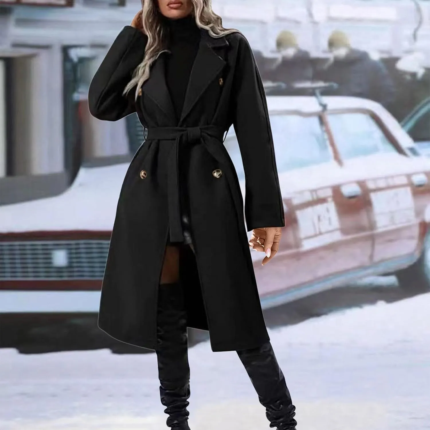 Women's Wool Blend Pea Coat Lapel Double Breasted Coat Trendy Warm Jacket Business Overcoat Trench Coats with Belt