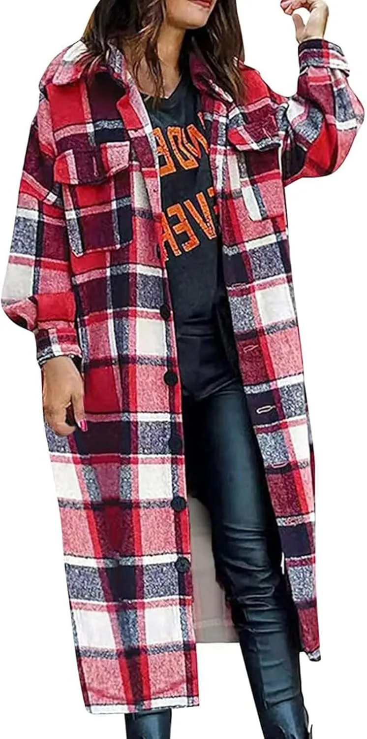 Women's Wool Blend Plaid Coat Single Breasted Long Oversized Pea Coat Jackets Casual Long Sleeve Jacket with Pockets