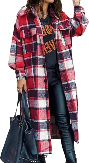 Women's Wool Blend Plaid Coat Single Breasted Long Oversized Pea Coat Jackets Casual Long Sleeve Jacket with Pockets