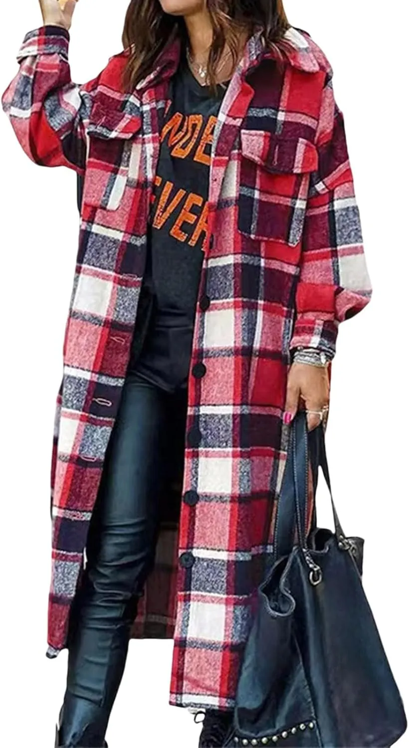 Women's Wool Blend Plaid Coat Single Breasted Long Oversized Pea Coat Jackets Casual Long Sleeve Jacket with Pockets