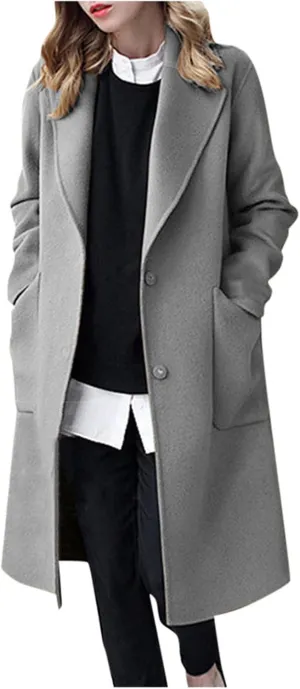 Womens Wool Coats Midi Length Fall Winter Jackets Plus Size Pea Coats Elegant Dress Coats with Pockets Autumn Outwear