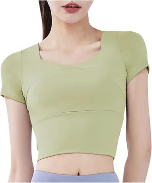 Womens Workout Tops with Built in Bra Summer Crop Short Sleeve Padded Yoga Shirts Quick Drying Fit Running Tshirts