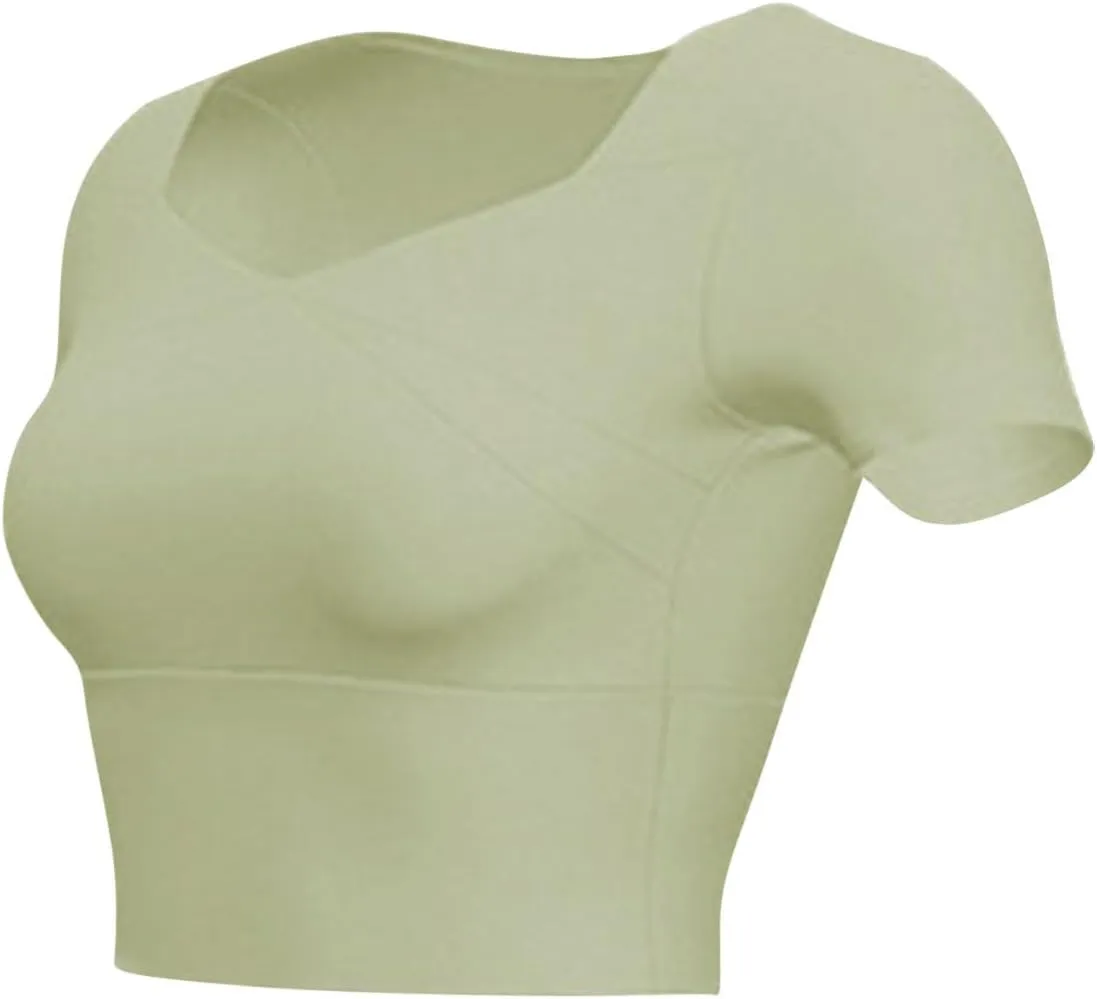 Womens Workout Tops with Built in Bra Summer Crop Short Sleeve Padded Yoga Shirts Quick Drying Fit Running Tshirts