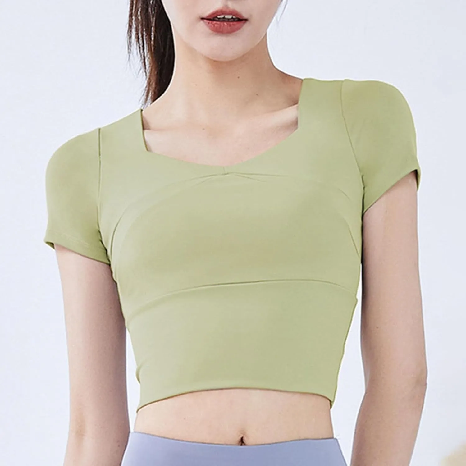 Womens Workout Tops with Built in Bra Summer Crop Short Sleeve Padded Yoga Shirts Quick Drying Fit Running Tshirts