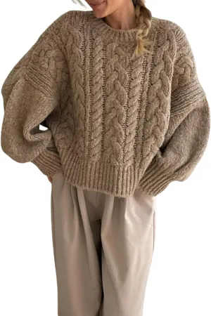 Women's Y2K Cable Knit Sweaters Chunky Long Sleeve Crewneck Cropped Pullover Sweater Tops Warm Jumper Tops Knitwear