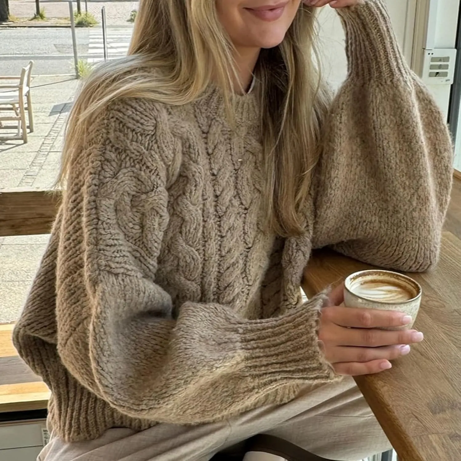 Women's Y2K Cable Knit Sweaters Chunky Long Sleeve Crewneck Cropped Pullover Sweater Tops Warm Jumper Tops Knitwear