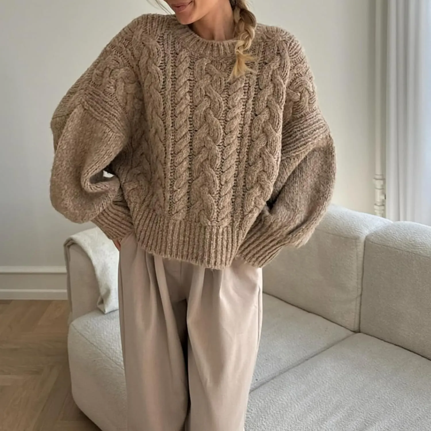 Women's Y2K Cable Knit Sweaters Chunky Long Sleeve Crewneck Cropped Pullover Sweater Tops Warm Jumper Tops Knitwear