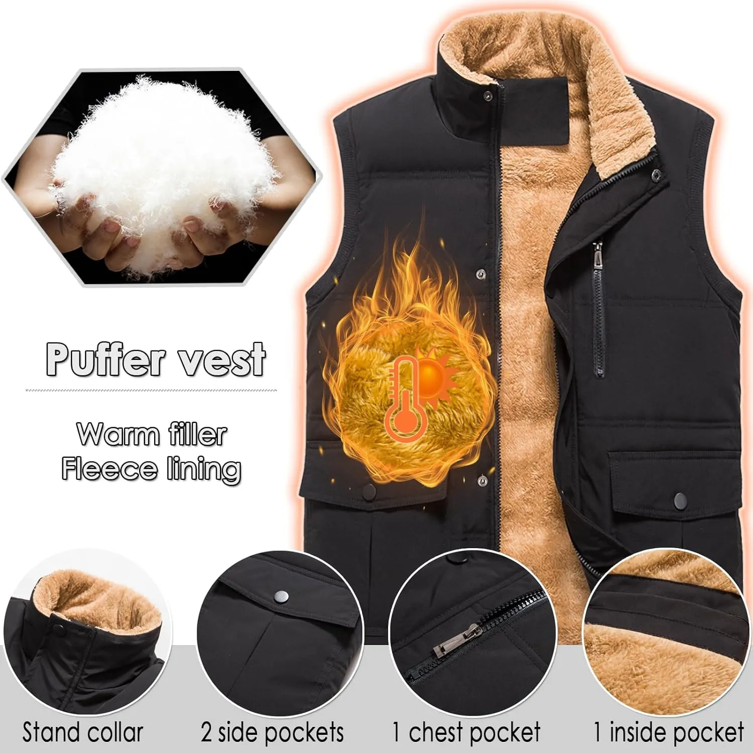 XinYangNi Mens Winter Vests Outerwear Fleece Lined Puffer Vest Warm Casual Quilted Vest Bubble Sherpa Vest Jacket
